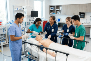 Nursing students training in a clinical simulation lab during an RN program